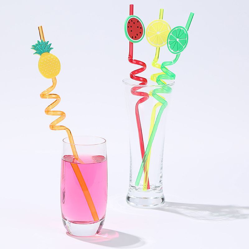 Cartoon Lime Lemon Pineapple Watermelon Plastic Spiral Drinking Straws Children