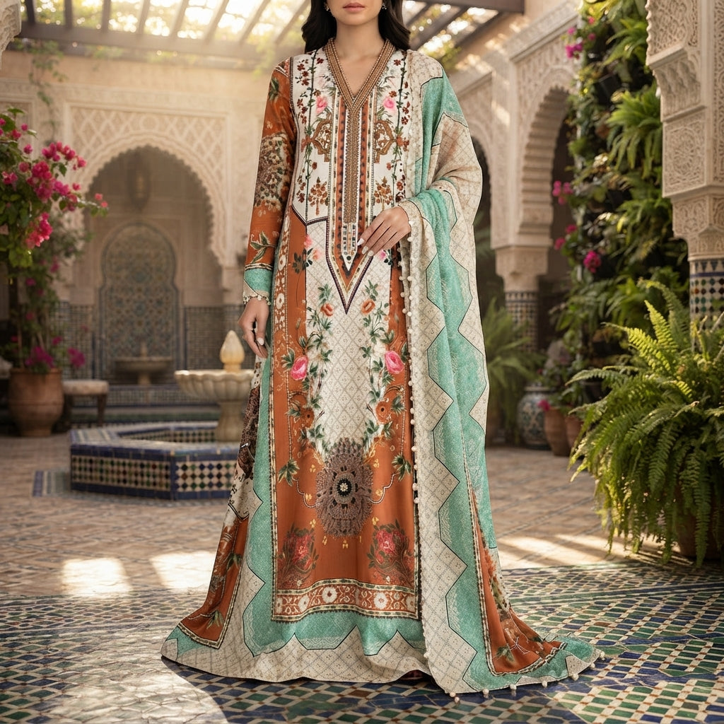 Kaftan style 3 piece handwork embroidery suit (unstitched)
