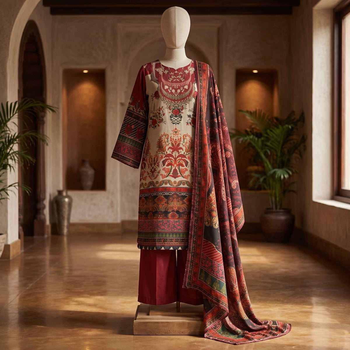 3-Piece Stitched Printed Poly Karandi Suit