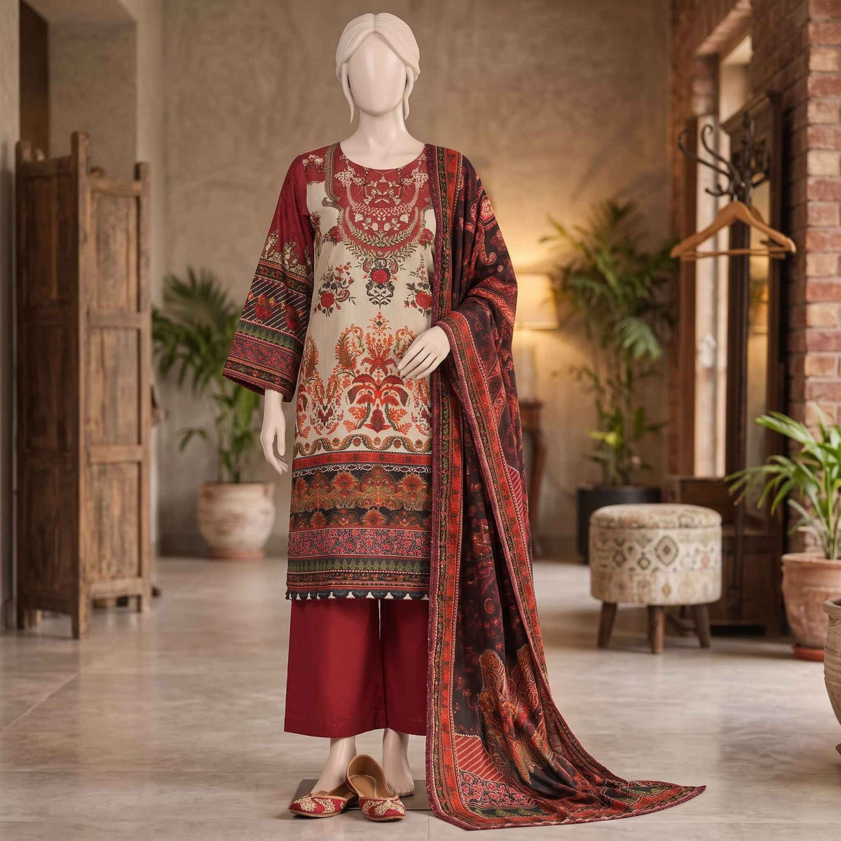 3-Piece Stitched Printed Poly Karandi Suit