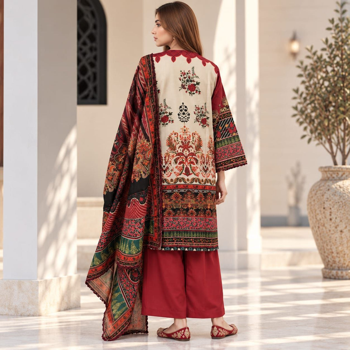 3-Piece Stitched Printed Poly Karandi Suit