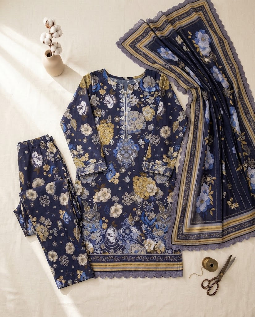 BAROQUE Embroidered Digital Printed Khaddar 3-Piece Suit - Blue