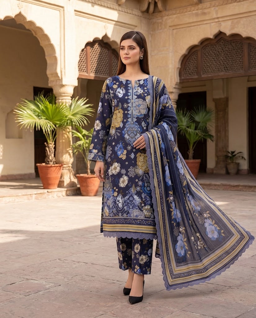 BAROQUE Embroidered Digital Printed Khaddar 3-Piece Suit - Blue