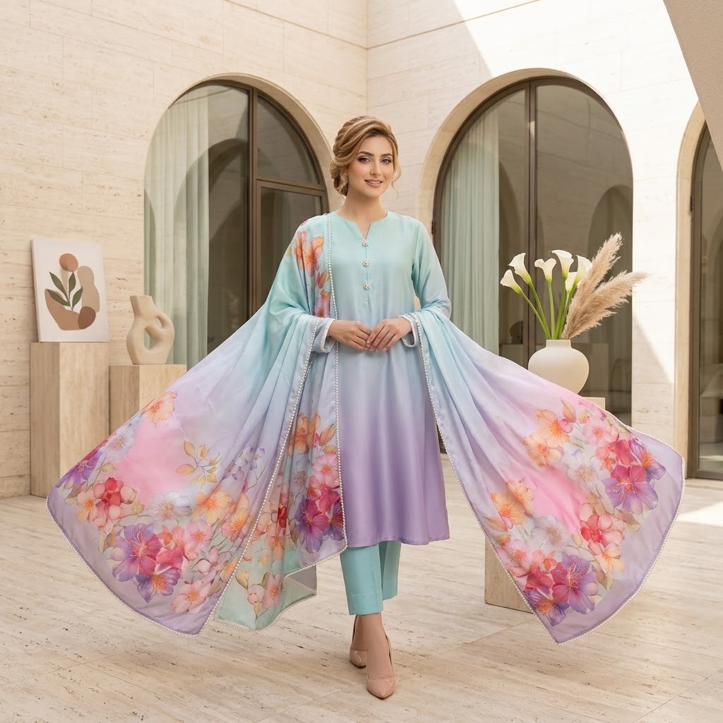 3-Piece Multishaded Silky Airline Suit (Unstitched) | Premium Soft Silk Dress Set