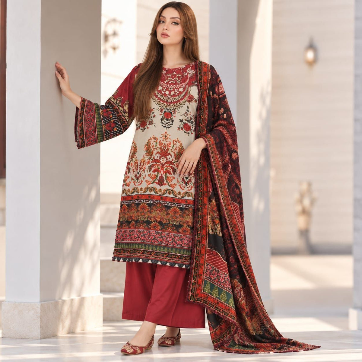 3-Piece Stitched Printed Poly Karandi Suit