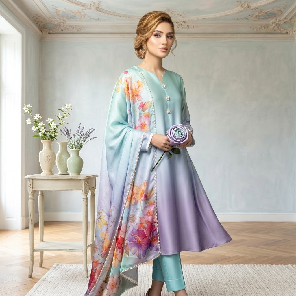 3-Piece Multishaded Silky Airline Suit (Unstitched) | Premium Soft Silk Dress Set